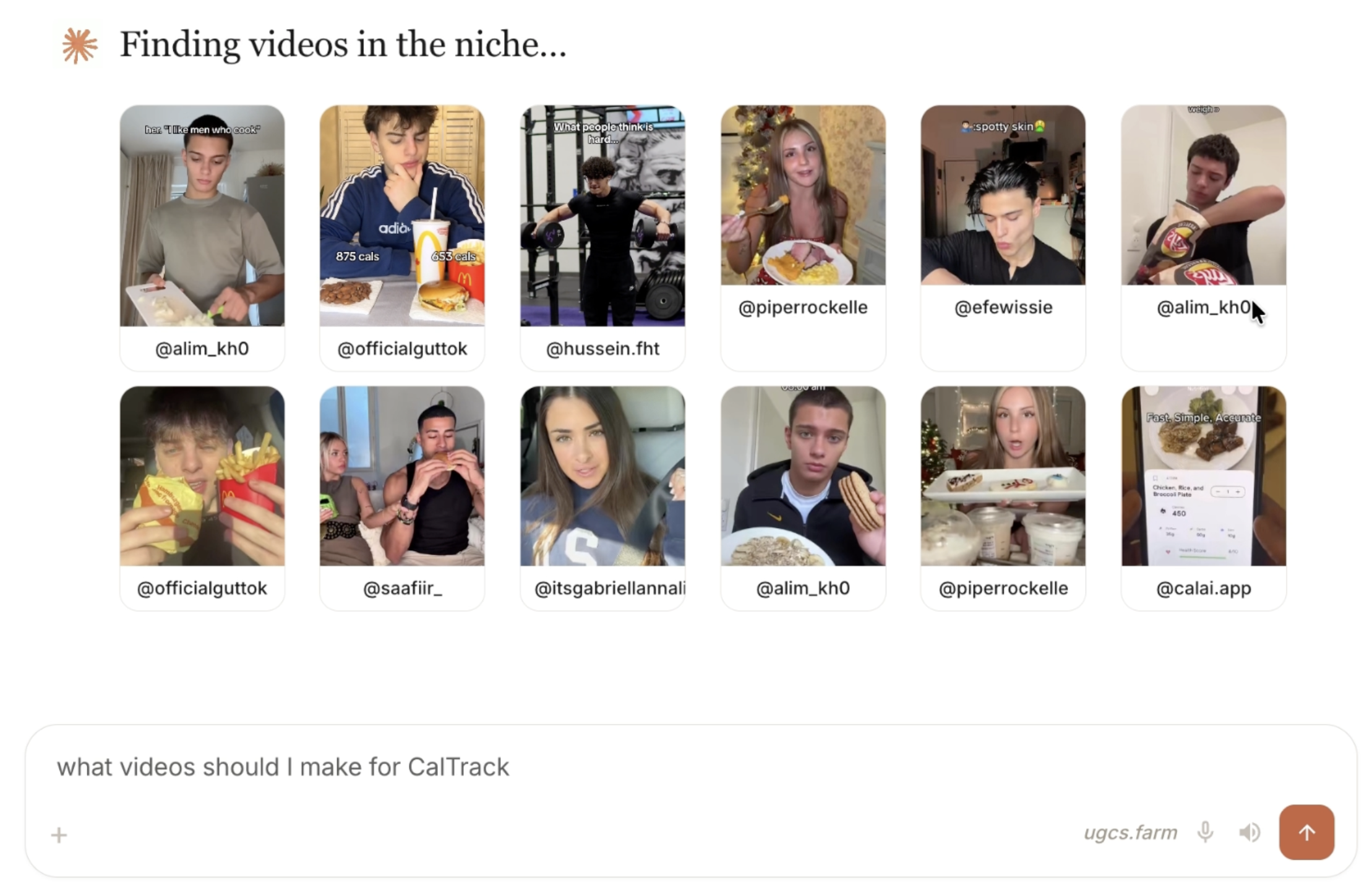 Grid of TikTok/Instagram creator thumbnails discovered by the MCP scraping tools.
